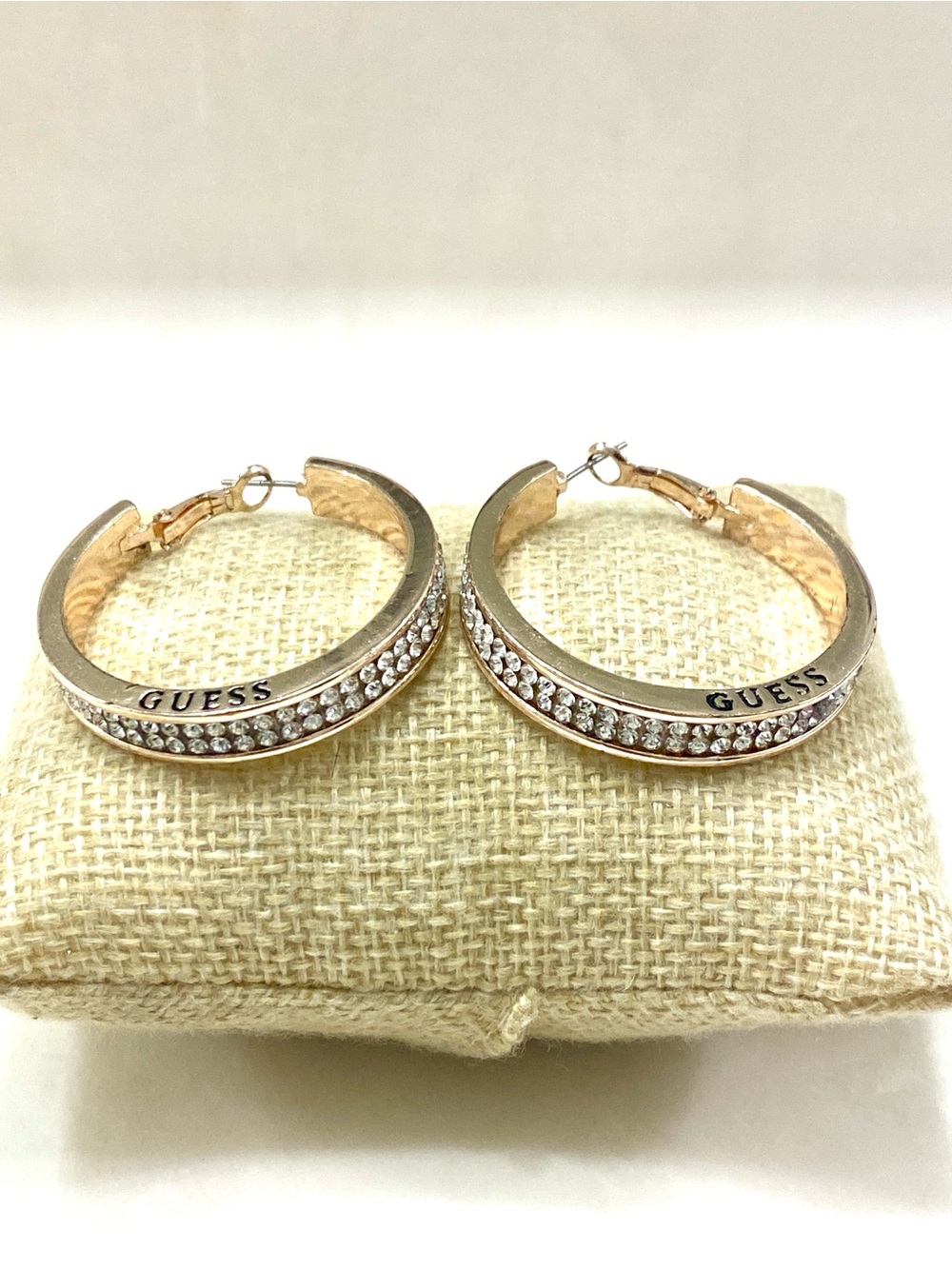 GUESS Gold-Tone Round Hoop Earrings Clear Crystal Rhinestone Pave Logo Engraved
